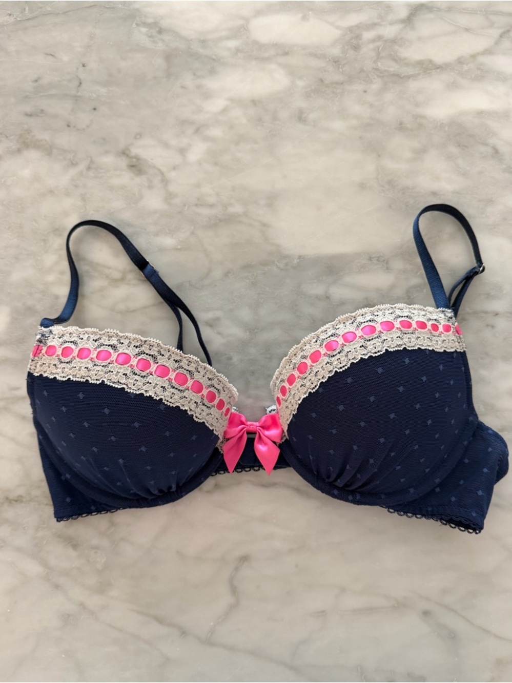 Victorias Secret Navy Polka Dot and Pink Lace Trim Push-Up Bra